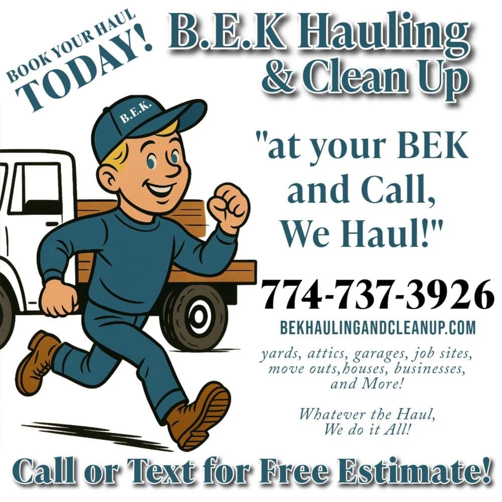 B.E.K Hauling logo with cartoon character promoting hauling and cleanup services, phone number included.
